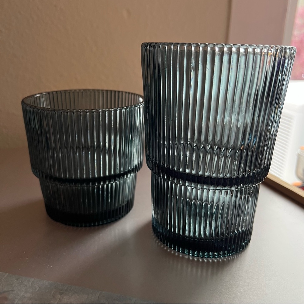 Crate & Barrel Atwell 11oz Blue Double Old Fashioned Glass 16oz Highball Glass